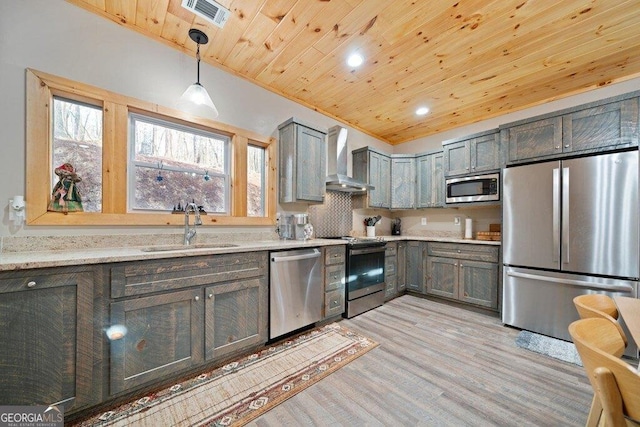 180 Echo Ln Unit 692, Ellijay, GA 30540 - kitchen featuring appliances with stainless steel finishes, wooden ceiling, wall chimney range hood, light wood-style flooring, and plenty of natural light