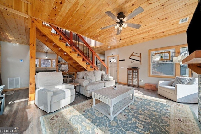 180 Echo Ln Unit 692, Ellijay, GA 30540 - living area featuring wooden ceiling, stairway, wood finished floors, and a ceiling fan