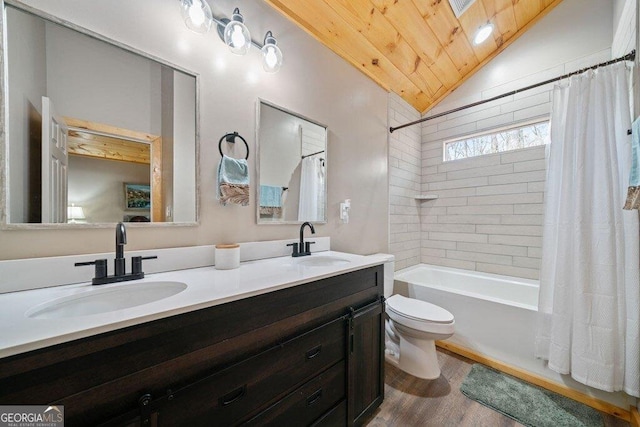 180 Echo Ln Unit 692, Ellijay, GA 30540 - full bath with vaulted ceiling, wood ceiling, double vanity, wood finished floors, and shower / bathtub combination with curtain