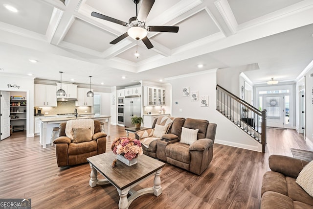4189 Brookmont Way, Auburn, GA 30011 - living room featuring stairs, crown molding, coffered ceiling, ceiling fan, and wood finished floors