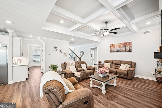 4189 Brookmont Way, Auburn, GA 30011 - living area with stairway, dark wood finished floors, ceiling fan, recessed lighting, and beam ceiling