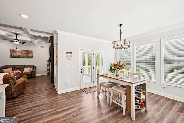4189 Brookmont Way, Auburn, GA 30011 - dining room featuring wood finished floors, a chandelier, ceiling fan, crown molding, and beamed ceiling