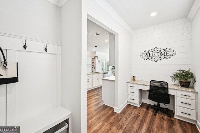 4189 Brookmont Way, Auburn, GA 30011 - home office with dark wood-style flooring, built in study area, and recessed lighting