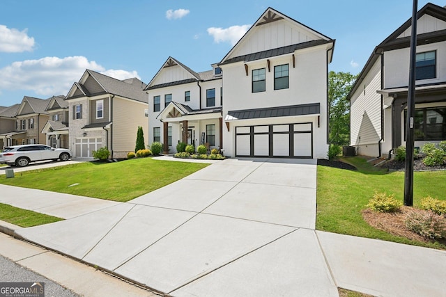 4189 Brookmont Way, Auburn, GA 30011 - modern farmhouse featuring board and batten siding, a residential view, a standing seam roof, concrete driveway, and an attached garage