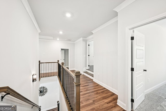 4189 Brookmont Way, Auburn, GA 30011 - corridor with an upstairs landing, crown molding, recessed lighting, and wood finished floors