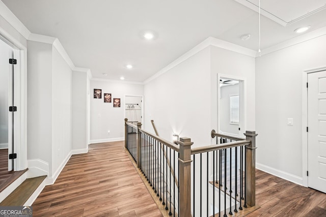 4189 Brookmont Way, Auburn, GA 30011 - corridor with an upstairs landing, attic access, wood finished floors, recessed lighting, and crown molding