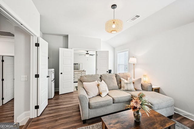 4189 Brookmont Way, Auburn, GA 30011 - living area featuring dark wood-style flooring, a ceiling fan, and vaulted ceiling