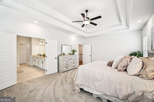 4189 Brookmont Way, Auburn, GA 30011 - bedroom with recessed lighting, light carpet, a tray ceiling, ensuite bathroom, and ceiling fan