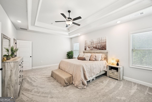 4189 Brookmont Way, Auburn, GA 30011 - bedroom with light colored carpet, a raised ceiling, recessed lighting, and a ceiling fan