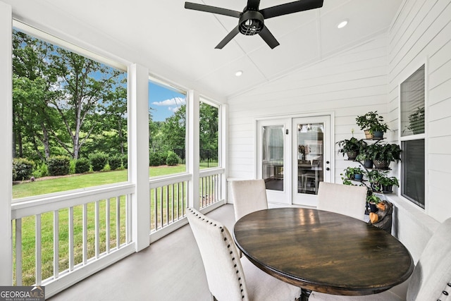 4189 Brookmont Way, Auburn, GA 30011 - sunroom with ceiling fan, vaulted ceiling, outdoor dining space, recessed lighting, and wood walls