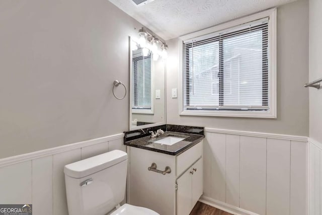 5215 Mainstreet Park Dr, Stone Mountain, GA 30088 - bathroom with vanity, wainscoting, a decorative wall, and a textured ceiling