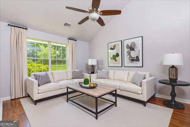 552 Caseys Xing, Winder, GA 30680 - living area featuring a ceiling fan, wood finished floors, and high vaulted ceiling