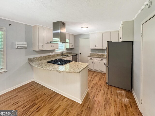 314 Pine St, Barnesville, GA 30204 - kitchen with stainless steel appliances, exhaust hood, a peninsula, ornamental molding, and light wood finished floors