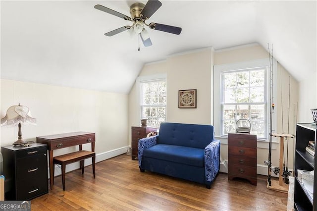 348 7th St NE, Atlanta, GA 30308 - sitting room featuring vaulted ceiling, wood finished floors, and a ceiling fan