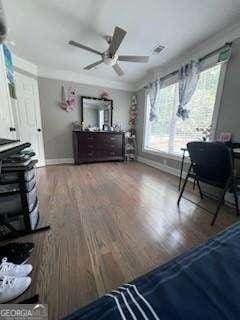 3560 Elinburg Dr, Buford, GA 30519 - bedroom featuring wood finished floors, ornamental molding, and ceiling fan