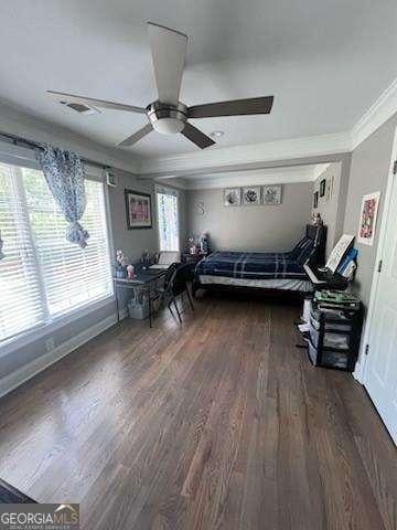 3560 Elinburg Dr, Buford, GA 30519 - bedroom with crown molding, wood finished floors, and ceiling fan