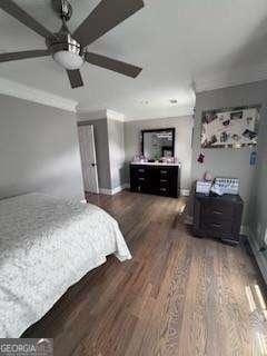 3560 Elinburg Dr, Buford, GA 30519 - bedroom featuring wood finished floors, ornamental molding, and a ceiling fan