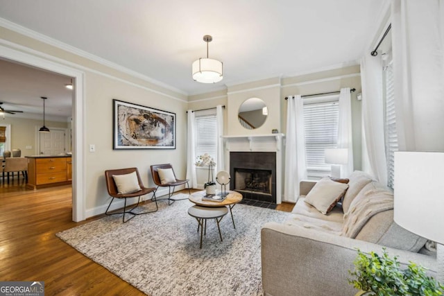 261 Elmira Pl NE, Atlanta, GA 30307 - living room featuring a fireplace with flush hearth, wood finished floors, crown molding, and ceiling fan
