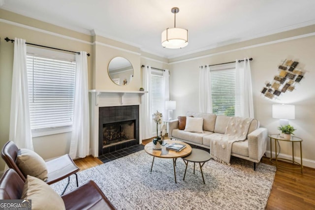 261 Elmira Pl NE, Atlanta, GA 30307 - living room with ornamental molding, a tiled fireplace, plenty of natural light, and wood finished floors