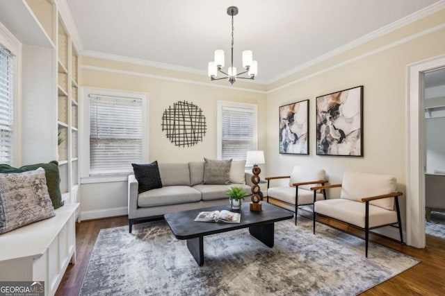 261 Elmira Pl NE, Atlanta, GA 30307 - living area with crown molding, a chandelier, and dark wood finished floors