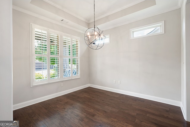 214 Misty View Dr, Canton, GA 30114 - unfurnished room featuring a tray ceiling, a chandelier, dark wood-type flooring, and crown molding