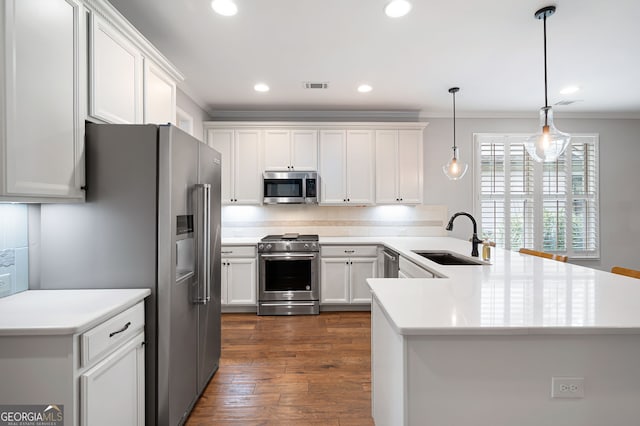214 Misty View Dr, Canton, GA 30114 - kitchen featuring appliances with stainless steel finishes, a peninsula, crown molding, recessed lighting, and dark wood-type flooring