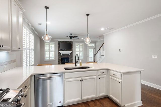 214 Misty View Dr, Canton, GA 30114 - kitchen with stainless steel dishwasher, a stone fireplace, ceiling fan, ornamental molding, and open floor plan