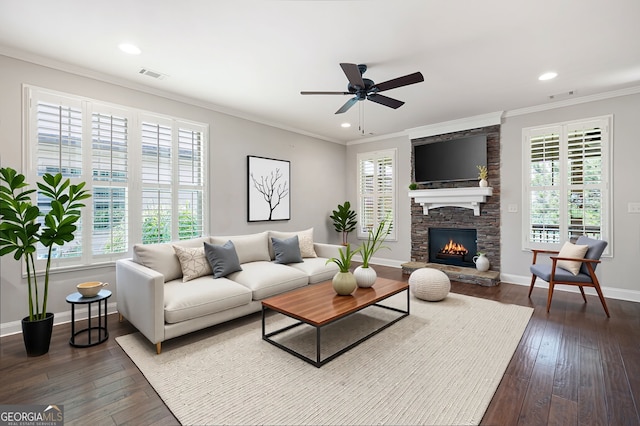 214 Misty View Dr, Canton, GA 30114 - living area featuring healthy amount of natural light, dark wood finished floors, a ceiling fan, crown molding, and recessed lighting