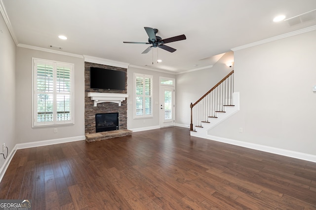 214 Misty View Dr, Canton, GA 30114 - unfurnished living room with dark wood-type flooring, a ceiling fan, stairs, plenty of natural light, and crown molding