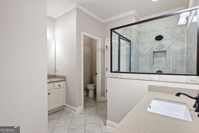 214 Misty View Dr, Canton, GA 30114 - bathroom with a stall shower, vanity, crown molding, and marble finish flooring