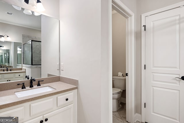 214 Misty View Dr, Canton, GA 30114 - bathroom with marble look tile flooring, vanity, a stall shower, and crown molding