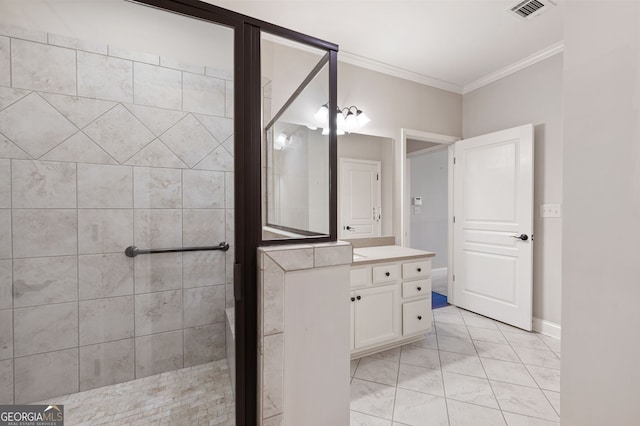 214 Misty View Dr, Canton, GA 30114 - full bathroom with crown molding, vanity, tiled shower, and tile patterned flooring
