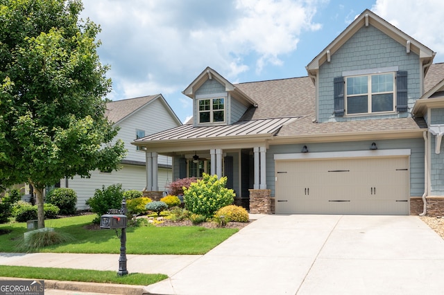 214 Misty View Dr, Canton, GA 30114 - craftsman inspired home featuring roof with shingles, concrete driveway, a front lawn, covered porch, and a standing seam roof
