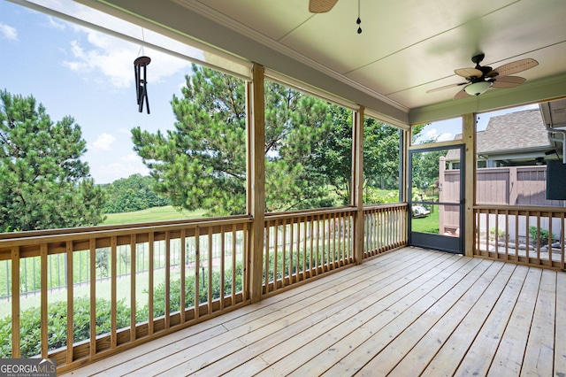 214 Misty View Dr, Canton, GA 30114 - wooden terrace featuring ceiling fan and view of wooded area