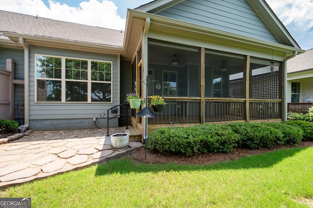 214 Misty View Dr, Canton, GA 30114 - rear view of house featuring ceiling fan, a yard, a sunroom, and a patio area