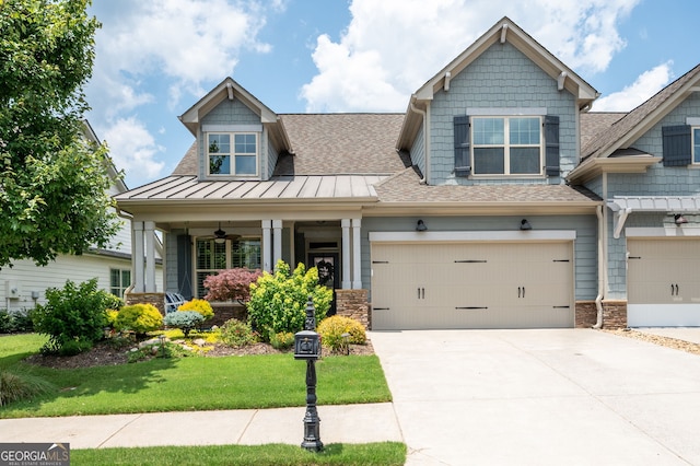 214 Misty View Dr, Canton, GA 30114 - craftsman inspired home featuring roof with shingles, a front yard, a standing seam roof, a garage, and concrete driveway