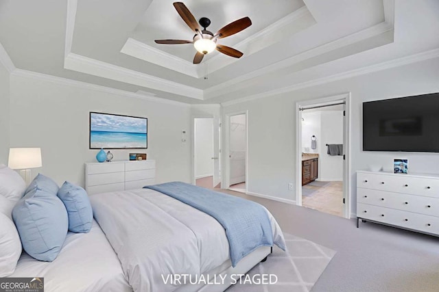 4206 Moccasin Trl, Woodstock, GA 30189 - bedroom with a tray ceiling, ornamental molding, carpet, ensuite bathroom, and a ceiling fan