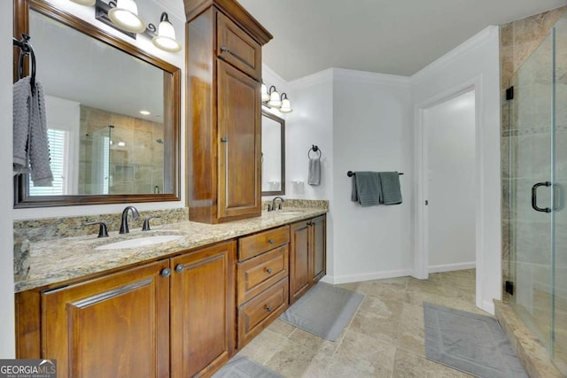 4206 Moccasin Trl, Woodstock, GA 30189 - bathroom with a shower stall, double vanity, and crown molding