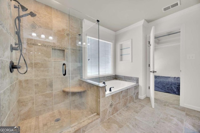 4206 Moccasin Trl, Woodstock, GA 30189 - ensuite bathroom with a bath, a shower stall, and crown molding