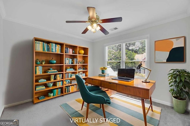 4206 Moccasin Trl, Woodstock, GA 30189 - office area with a ceiling fan, ornamental molding, and carpet