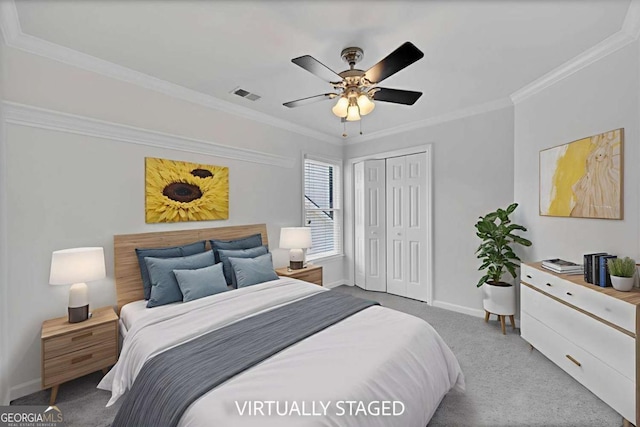 4206 Moccasin Trl, Woodstock, GA 30189 - bedroom with carpet flooring, a closet, ornamental molding, and a ceiling fan