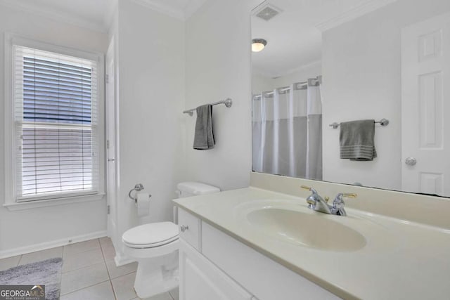 4206 Moccasin Trl, Woodstock, GA 30189 - bathroom with ornamental molding, vanity, tile patterned flooring, and curtained shower