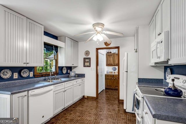 3754 Wyntuck Cir NW, Kennesaw, GA 30152 - kitchen featuring white appliances, dark countertops, a ceiling fan, and white cabinets