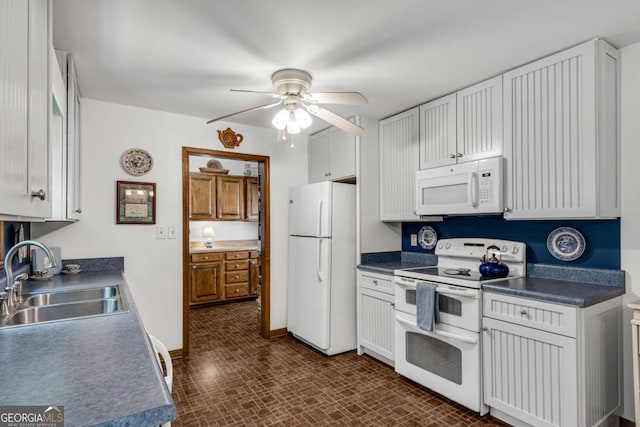 3754 Wyntuck Cir NW, Kennesaw, GA 30152 - kitchen featuring white appliances, ceiling fan, white cabinets, and dark countertops