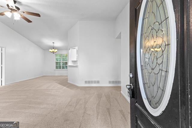 165 Lost Lake Trl, Villa Rica, GA 30180 - entrance foyer featuring a chandelier, light colored carpet, ceiling fan, and lofted ceiling