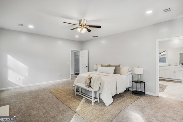 55 Summerhill Pl, Newnan, GA 30263 - bedroom with light carpet, recessed lighting, connected bathroom, and ceiling fan