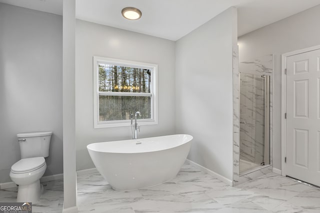 55 Summerhill Pl, Newnan, GA 30263 - bathroom with marble look tile flooring, a soaking tub, and a marble finish shower