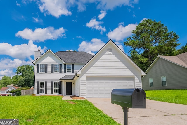 5916 Farmbrook Ln, Rex, GA 30273 - traditional-style house with driveway, a chimney, a front lawn, and a garage