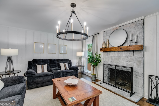 7250 Hunters Branch Dr, Atlanta, GA 30328 - living area with a chandelier, a stone fireplace, and wood finished floors