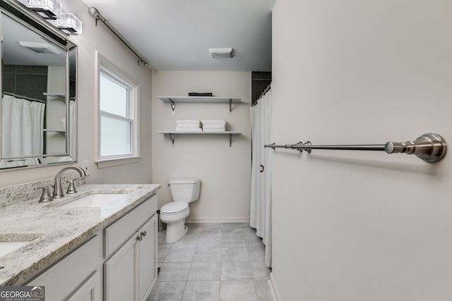 7250 Hunters Branch Dr, Atlanta, GA 30328 - bathroom with double vanity, tile patterned floors, and a shower with shower curtain